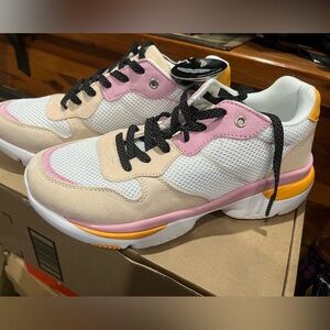 Pastry Pink, Beige & White Chunky Lace-Up Sneakers